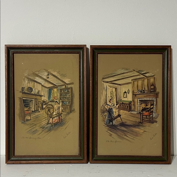 Paul Porter (artist) Other - Vintage Framed Art Prints with Spinning Wheel Scenes by Paul Porter.